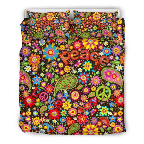 Hippie Paisley Floral Peace Sign Pattern Print Duvet Cover Bedding Set - Payfisia