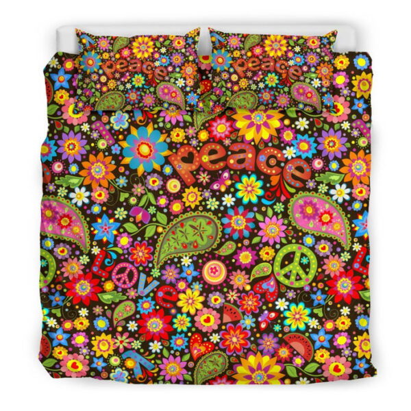 Hippie Paisley Floral Peace Sign Pattern Print Duvet Cover Bedding Set - Payfisia