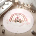 Pink Rainbow Castle Round Kid's Rug- Washable & Non-Slip Nursery Carpet