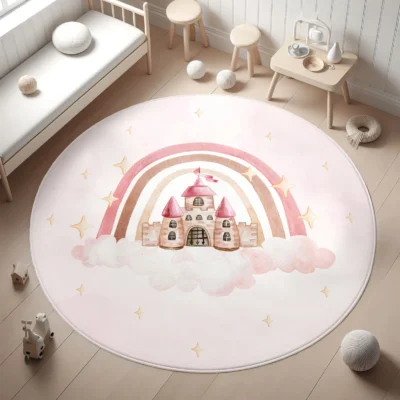 Pink Rainbow Castle Round Kid's Rug- Washable & Non-Slip Nursery Carpet