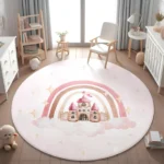 Pink Rainbow Castle Round Kid's Rug- Washable & Non-Slip Nursery Carpet