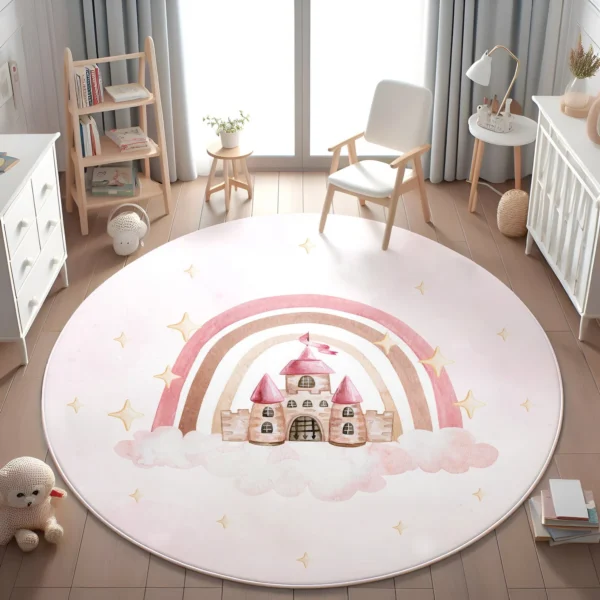 Pink Rainbow Castle Round Kid's Rug- Washable & Non-Slip Nursery Carpet