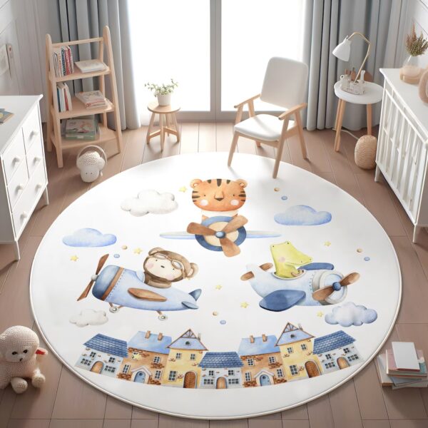 Pilot Safari Round Kid's Rug- Washable & Non-Slip Nursery Carpet