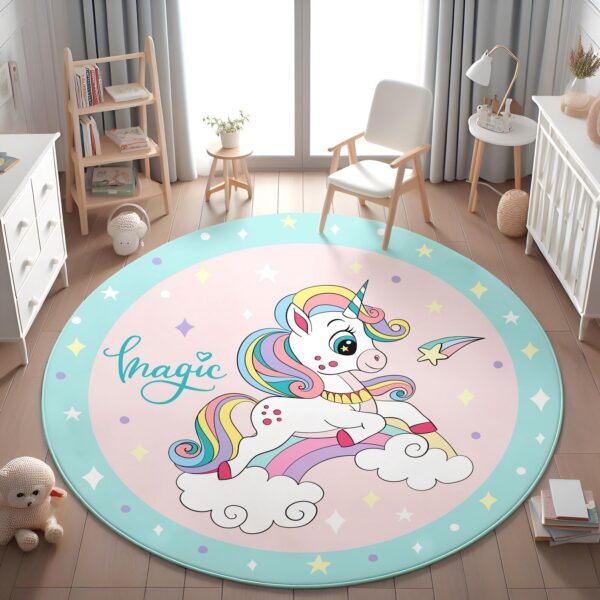 Rainbow Unicorn Round Kid's Rug- Washable & Non-Slip Nursery Carpet