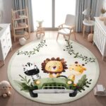 Safari Animals Round Kid's Rug- Washable & Non-Slip Nursery Carpet
