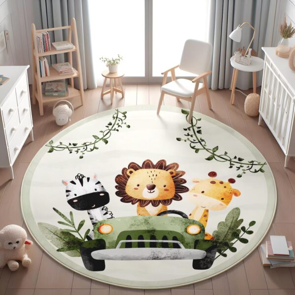Safari Animals Round Kid's Rug- Washable & Non-Slip Nursery Carpet