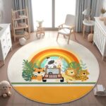 Safari Animals Rainbow Round Kid's Rug- Washable & Non-Slip Nursery Carpet