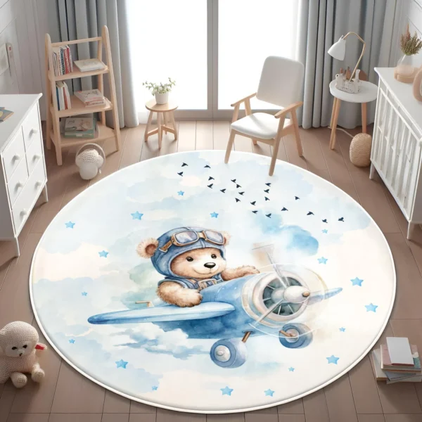 Pillow Bear Round Kid's Rug- Washable & Non-Slip Nursery Carpet
