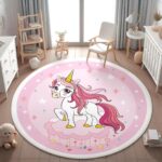 Pink Unicorn Nursery Round Kid's Rug- Washable & Non-Slip Nursery Carpet
