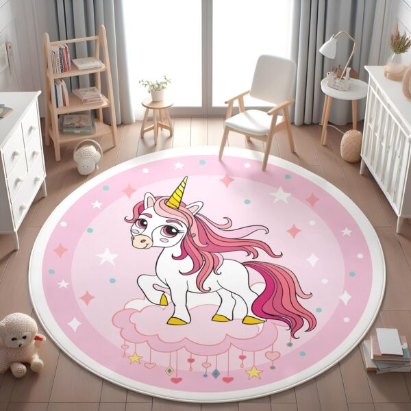 Pink Unicorn Nursery Round Kid's Rug- Washable & Non-Slip Nursery Carpet