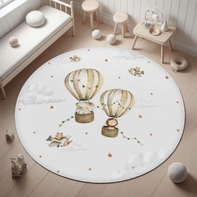 Air Balloon Round Kid's Rug- Washable & Non-Slip Nursery Carpet