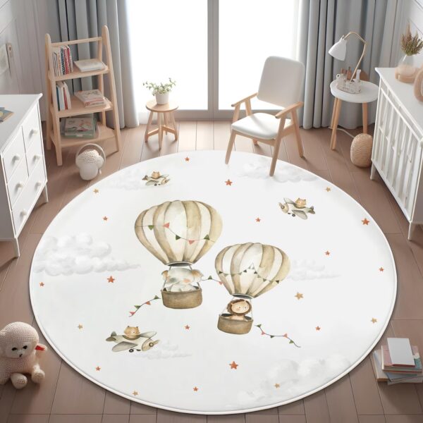 Air Balloon Round Kid's Rug- Washable & Non-Slip Nursery Carpet