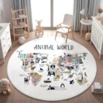 Animal World Map Round Kid's Rug- Washable & Non-Slip Nursery Carpet