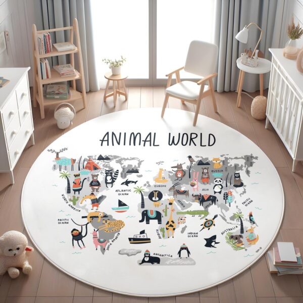 Animal World Map Round Kid's Rug- Washable & Non-Slip Nursery Carpet