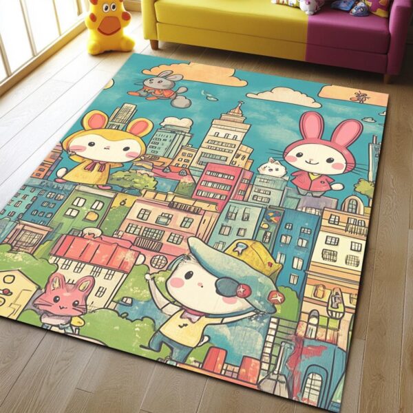 Cartoon Square Kid’s Rug - Washable & Non-Slip Nursery Carpet
