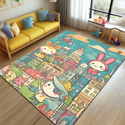Cartoon Square Kid’s Rug - Washable & Non-Slip Nursery Carpet