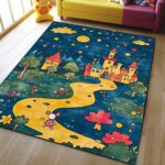 A Starry Night and Castles Square Kid’s Rug - Washable & Non-Slip Nursery Carpet