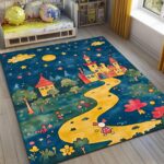 A Starry Night and Castles Square Kid’s Rug - Washable & Non-Slip Nursery Carpet