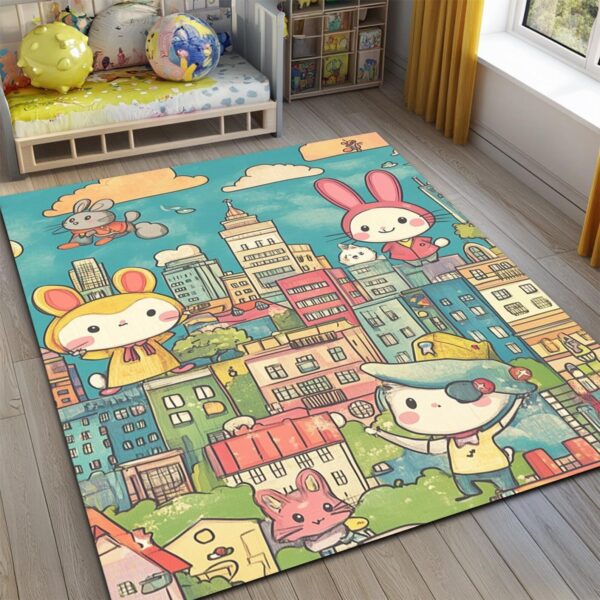 Cartoon Square Kid’s Rug - Washable & Non-Slip Nursery Carpet