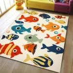 Colorful Fishes Square Kid’s Rug- Washable & Non-Slip Nursery Carpet