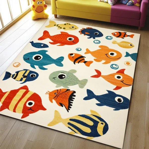 Colorful Fishes Square Kid’s Rug- Washable & Non-Slip Nursery Carpet