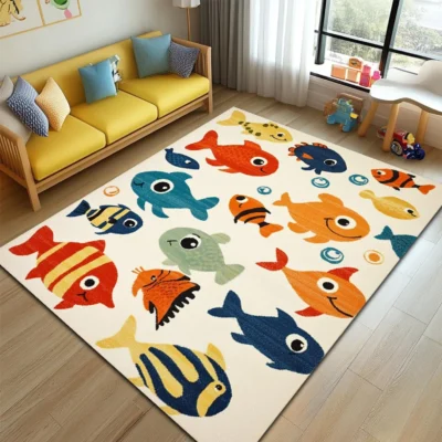 Colorful Fishes Square Kid’s Rug- Washable & Non-Slip Nursery Carpet