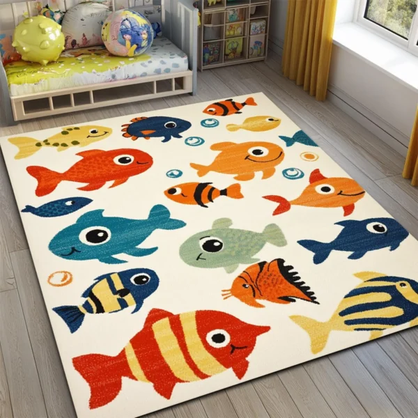 Colorful Fishes Square Kid’s Rug- Washable & Non-Slip Nursery Carpet